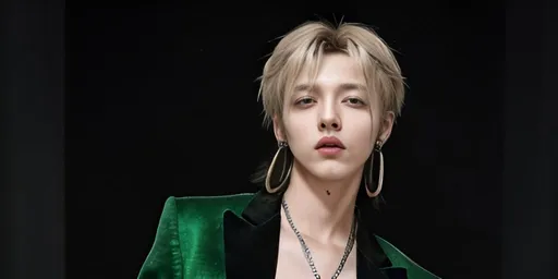 Prompt: photo-realistic image of Stylish, pretty androgynous Male K-Pop Singer and Rapper, full body standing. Hair is shaggy blond, eyes are green with dark male make up. Lips are red. drop earrings, smiling
