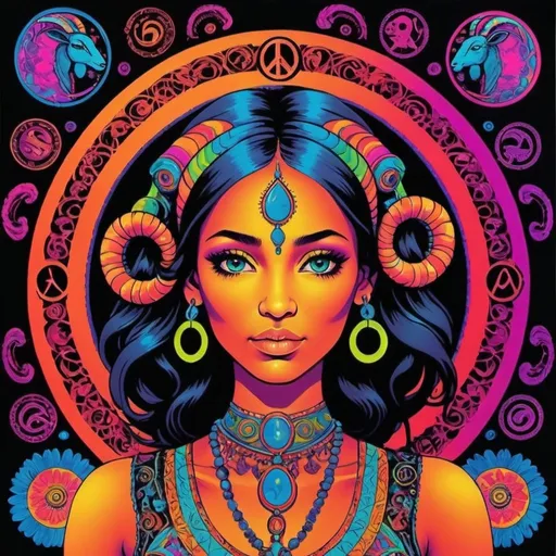 Prompt: Psychadelic black light poster of zodiac sign: Aries, ethnic woman with peace sign, vibrant colors in style  vibrant colors P's in four corners