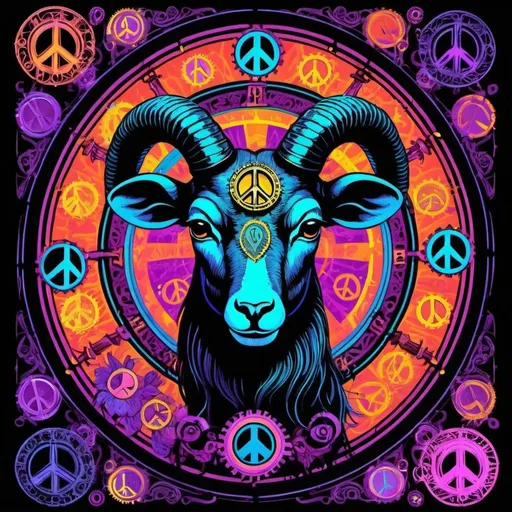 Prompt: Psychadelic, black light poster of zodiac sign of ethnic Aries with peace sign, vibrant colors in steampunk style  vibrant contrasting colors