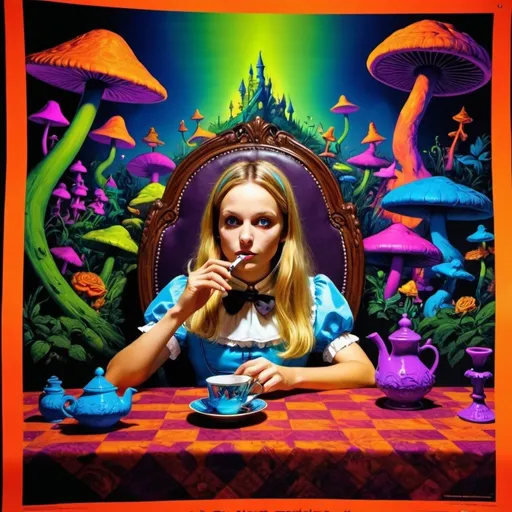 Prompt: Stoned Alice in Wonderland smoking a pipe at a long table Blacklight poster with vibrant psychedelic colors