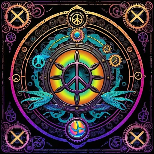 Prompt: Psychadelic steampunk, black light poster of zodiac sign of Pisces ethnic
with peace sign, vibrant colors in steampunk style  vibrant colors