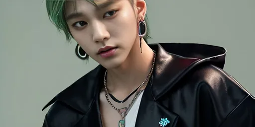 Prompt: photo-realistic image of Stylish, pretty androgynous Asian, BTS 'V' Male K-Pop Singer and Rapper, full body standing. Hair is shaggy blond, eyes are green with dark male make up. Lips are red. drop earrings, jewelry, singing