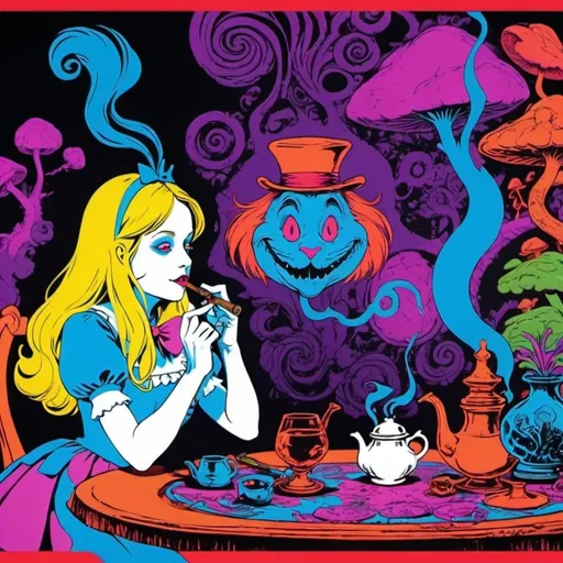 Prompt: Stoned Alice in Wonderland smoking a pipe at a long table Blacklight poster with vibrant psychedelic colors