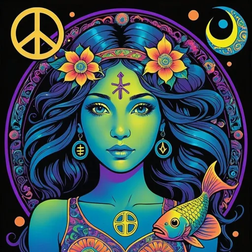 Prompt: Psychadelic black light poster of zodiac sign: Pisces the fish, ethnic female with peace sign, vibrant colors in style  vibrant colors P's in four corners