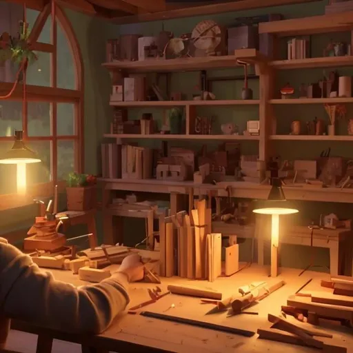 Prompt: A cozy, warm scene of arts and crafts, electronics projects, and woodworking, animated