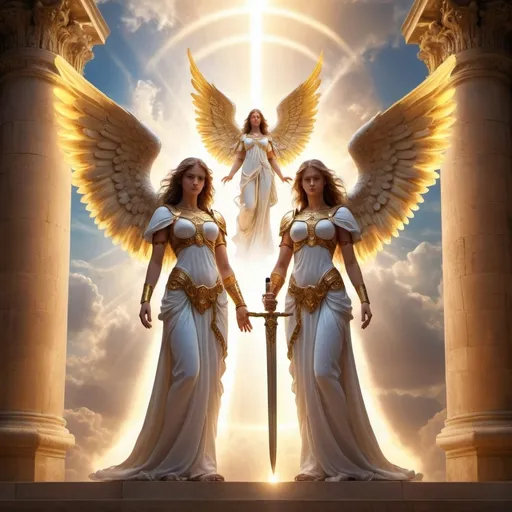 Prompt: (biblical angel twins) ethereal,powerful,  celestial beings halo,golden light wings face and body symmetry glowing eyes, one holding a blazing sword while the other holds a radiant orb in their palm, majestic wings spread wide heavenly background filled with ancient architecture and drifting clouds, Divine light surrounding, harmonic and serene atmosphere, highly detailed, vibrant colors, cinematic, ultra-detailed, 4K, masterpiece