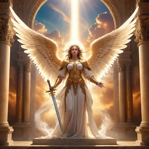 Prompt: (biblical angel twins) ethereal,powerful,  celestial beings halo,golden light wings face and body symmetry glowing eyes, one holding a blazing sword while the other holds a radiant orb in their palm, majestic wings spread wide heavenly background filled with ancient architecture and drifting clouds, Divine light surrounding, harmonic and serene atmosphere, highly detailed, vibrant colors, cinematic, ultra-detailed, 4K, masterpiece