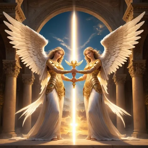 Prompt: (biblical angel twins) ethereal,powerful,  celestial beings halo,golden light wings face and body symmetry glowing eyes, one holding a blazing sword while the other holds a radiant orb in their palm, majestic wings spread wide heavenly background filled with ancient architecture and drifting clouds, Divine light surrounding, harmonic and serene atmosphere, highly detailed, vibrant colors, cinematic, ultra-detailed, 4K, masterpiece