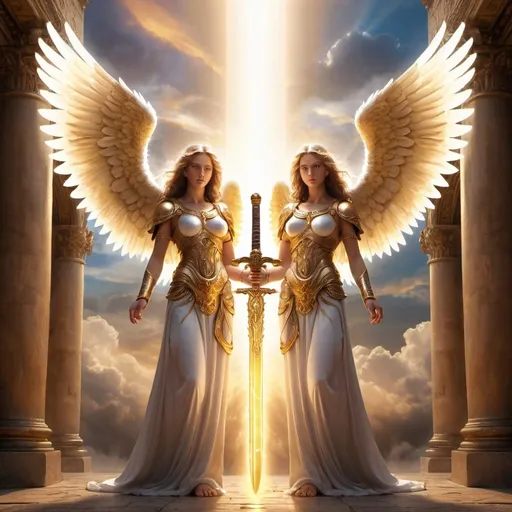 Prompt: (biblical angel twins) ethereal,powerful,  celestial beings halo,golden light wings face and body symmetry glowing eyes, one holding a blazing sword while the other holds a radiant orb in their palm, majestic wings spread wide heavenly background filled with ancient architecture and drifting clouds, Divine light surrounding, harmonic and serene atmosphere, highly detailed, vibrant colors, cinematic, ultra-detailed, 4K, masterpiece