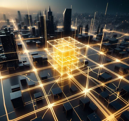 Prompt: An abstract representation of a quantum entangled network, visualized as golden glowing lines connecting transparent cubes of data in a futuristic cityscape.