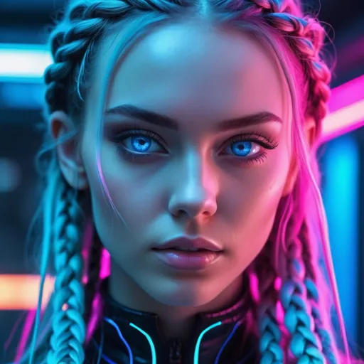 Prompt: High definition, 4k, super sharp, futuristic wardrobe, neon colors, long hair with braids, pink and blue, close-up face, blue eyes with universe reflection, detailed eyes, vibrant colors, futuristic, professional, neon lighting, fantasy fashion