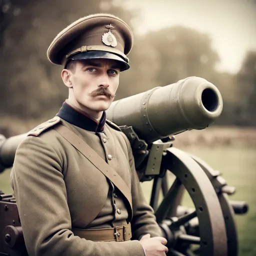 Prompt: Great British Artilleryman posing next to artillery cannon, soft focus, muted colors, vintage film style, World War One, detailed uniform, historic military equipment, aged and weathered, grainy texture, war hero, sepia tones, historical, vintage photography, soft lighting, cinematic composition