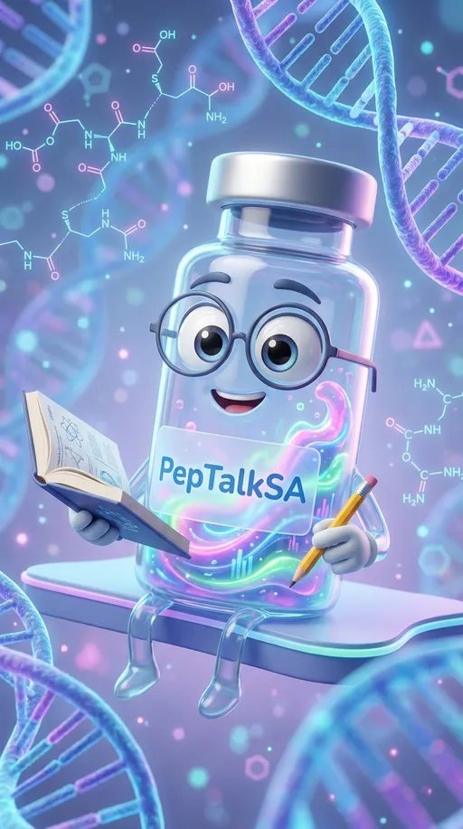 Prompt: Pixar-style 3D render of an anthropomorphic peptide vial with a clear label reading “PepTalkSA”.
Liquid: holographic, glowing blend of pink, blue, green, and purple, swirling like living data
Eyes: large, intelligent eyes behind slightly oversized round glasses
Eyebrows: expressive and curious, slightly raised
Mouth: friendly, confident smile like a professor who loves their subject
Arms & Props:
One hand holding an open book filled with diagrams and equations
Other hand holding a yellow pencil mid-explanation
Pose: slightly leaning forward, excited to teach
Scene:
Dynamic educational environment inside a molecular world. DNA helixes spiral upward in the background, glowing softly. Amino acid chains float and connect around the vial like constellations. Bright but clean Pixar-style lighting. The mood feels exciting, intelligent, and inspiring, like a breakthrough moment in science class.