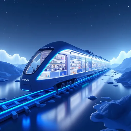 Prompt: A futuristic, stylish train with blue lighting rushes over a mirror-like field beneath a starry violet-blue sky. Light mist and neon droplets create a mystical atmosphere. The glowing, curving tracks pulse with neon light, cutting through a surreal space filled with soft waves of illumination. On the horizon, glowing, wavy mountain silhouettes rise. Abstract, calm, and magical.

The train features the bold logo EPICENTR. Its transparent, curved front reveals an interior that looks like a boutique of home goods and tech. Inside — neatly arranged laptops, headphones, cameras, bedding, tools, vacuum cleaners, mirrors, alcohol, and stationery. All displayed on sleek white shelves with blue accents, looking ultra-modern and stylish.

Rail tracks are clearly visible, enhancing the scene’s motion and depth. The 3D image is realistic and perfect for an Instagram Reels format — visually bold, futuristic, and on-brand.