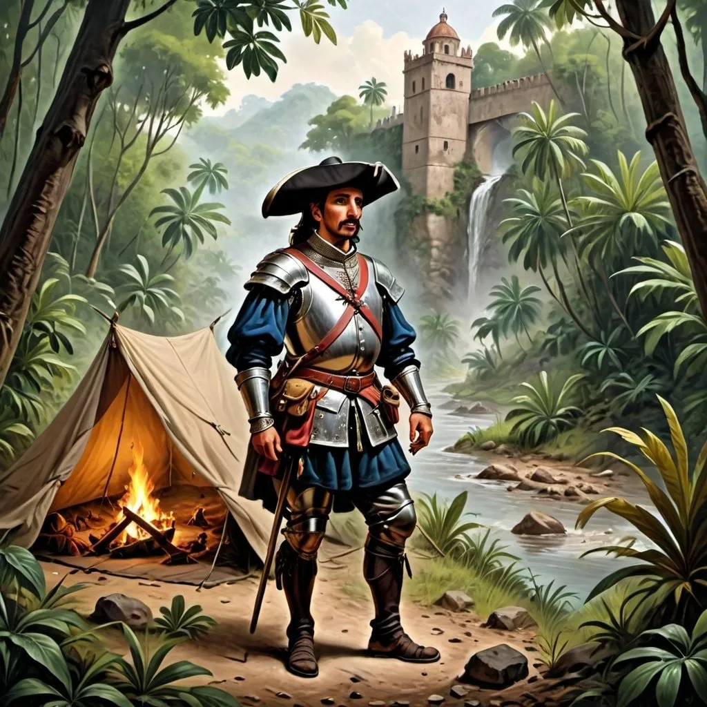 Prompt: Spanish conquistadors in the middle of a jungle, observe a perfect place to set up camp with a river next to it