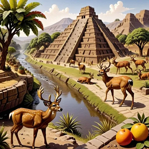 Prompt: Aztecs arrive in a valley with a river, deer, fruit trees and gold ore, next to an Aztec temple