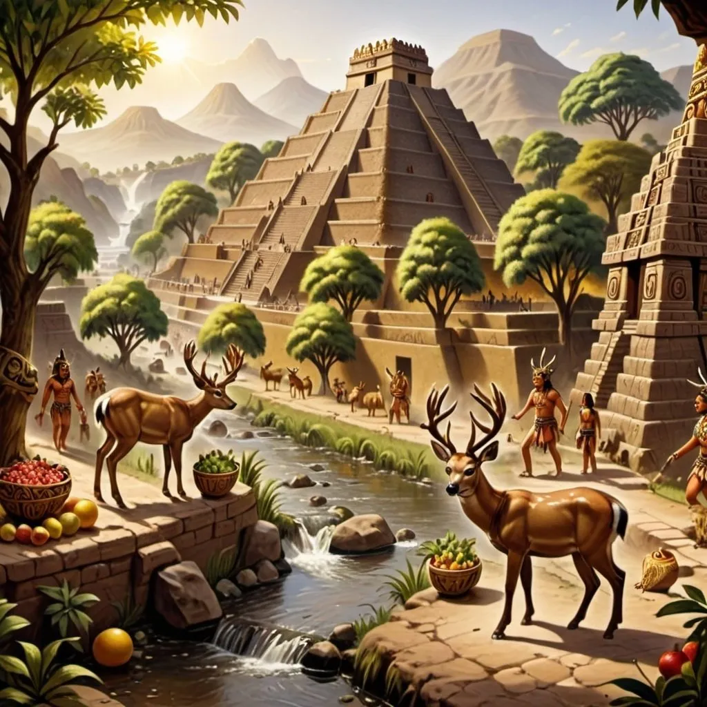 Prompt: Aztecs arrive in a valley with a river, deer, fruit trees and gold ore, next to an Aztec temple