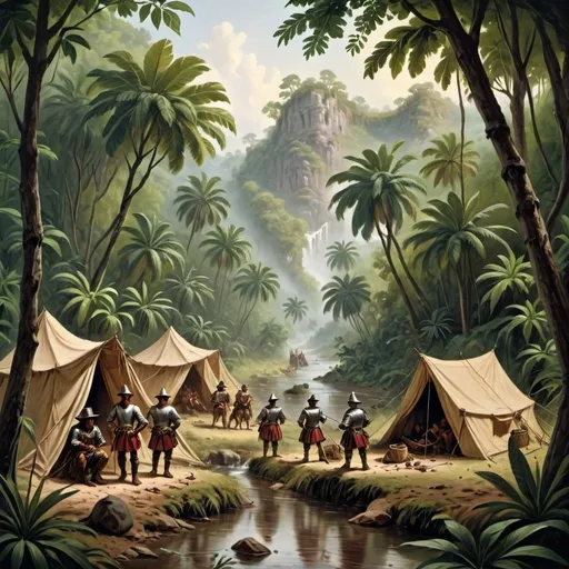 Prompt: Spanish conquistadors in the middle of a jungle, observe a perfect place to set up camp with a river next to it