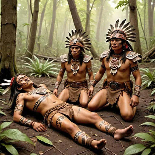 Prompt: Two Aztecs fallen on the forest floor, they look clearly ill with welts and marks on their skin, two other people escape the scene