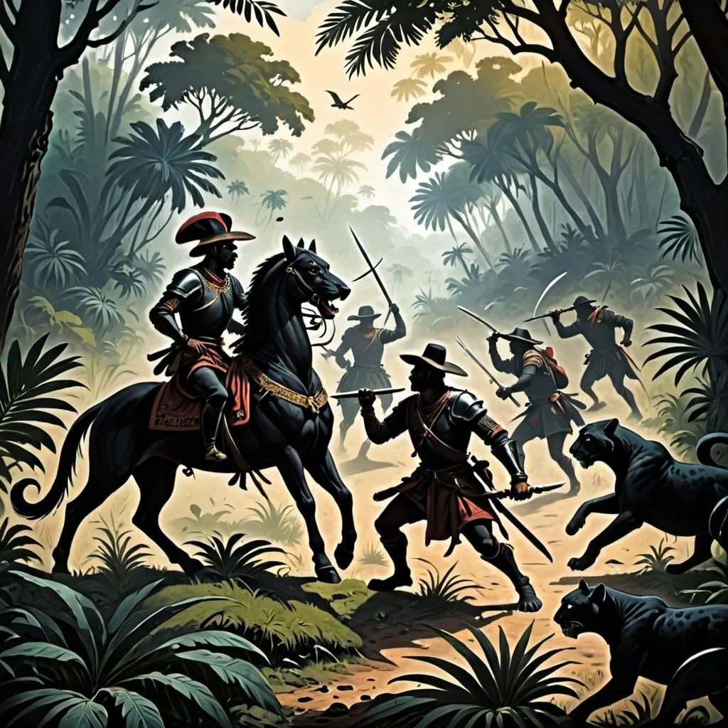 Prompt: Silhouette of Spanish conquistadors in the middle of a jungle and two wilds jaguars are attacking them