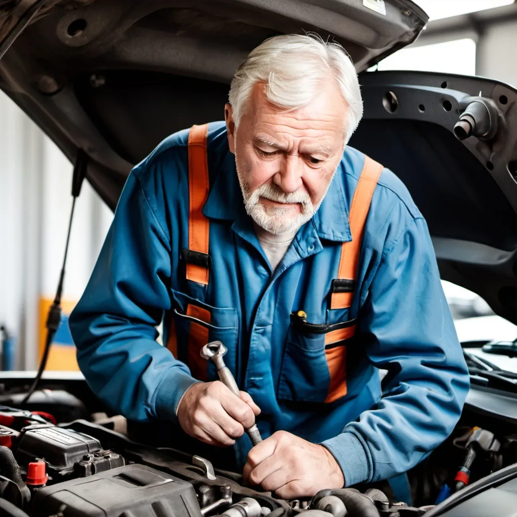 Prompt: Older man working as an Auto mechanic