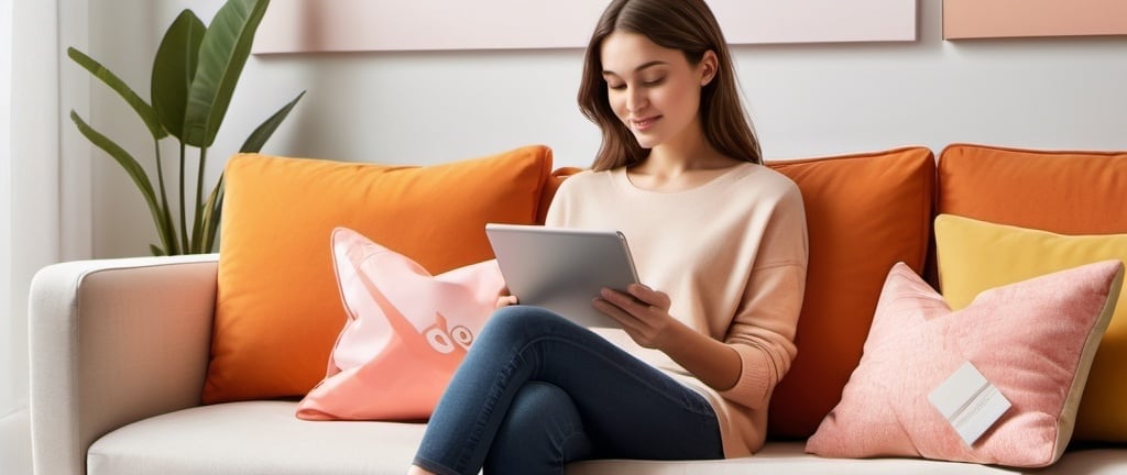 Prompt: In a bright and modern room, a young woman sits comfortably on a sofa, holding a tablet displaying a diverse array of shopping options. In the background, faint outlines of various products—from stylish fashion items to electronics and home goods—suggest a myriad of choices. Shopping bags nearby bear labels of different brands, symbolizing the breadth of options available.

Accompanying text: "More choices, more possibilities. Make every online shopping experience full of surprises and satisfaction."

The color palette is warm and vibrant, evoking feelings of joy and contentment. The overall design is sleek yet refined, emphasizing the brand's professionalism and diversity.