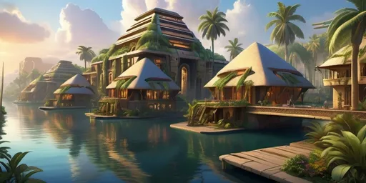 Prompt: Futuristic river village, (Egyptian-inspired architecture), (Polynesian dwellings), harmonious blend of styles, vibrant colors, lush greenery, shimmering water reflections, mystical atmosphere, sunset glow, intricate details on buildings, serene and inviting ambiance, (highly detailed), cinematic quality, futuristic technologies integrated into ancient designs, peaceful riverside life, (ultra-detailed), high quality.