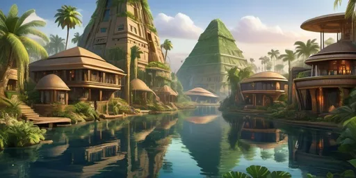 Prompt: Futuristic river village, (Egyptian-inspired architecture), (Polynesian dwellings), harmonious blend of styles, vibrant colors, lush greenery, shimmering water reflections, mystical atmosphere, sunset glow, intricate details on buildings, serene and inviting ambiance, (highly detailed), cinematic quality, futuristic technologies integrated into ancient designs, peaceful riverside life, (ultra-detailed), high quality.