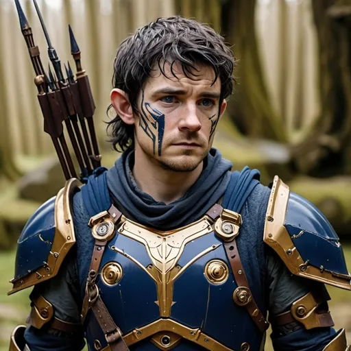 Prompt: 30 year old  hobbit ranger archer, thousands of cuts on face, wearing dark blue and dark gold high tech mechanical robot armor, stealthy, stoic, injured, scathed, broken, hurt, 