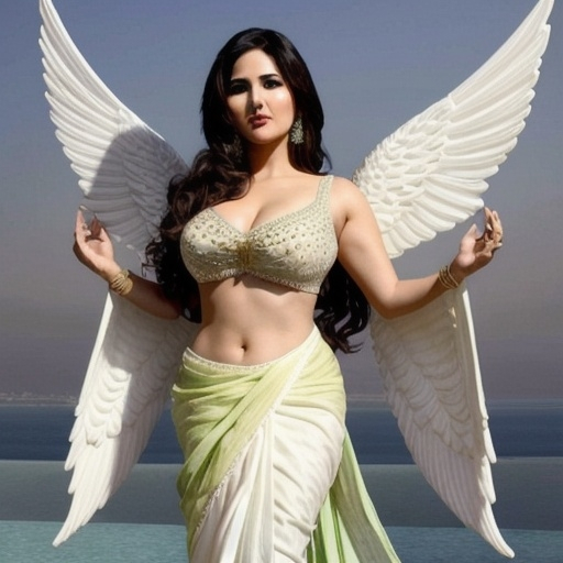 Prompt: sunny leone gorgeous angelic goddess figure with wing with saree more open figure to see more figure parts 
