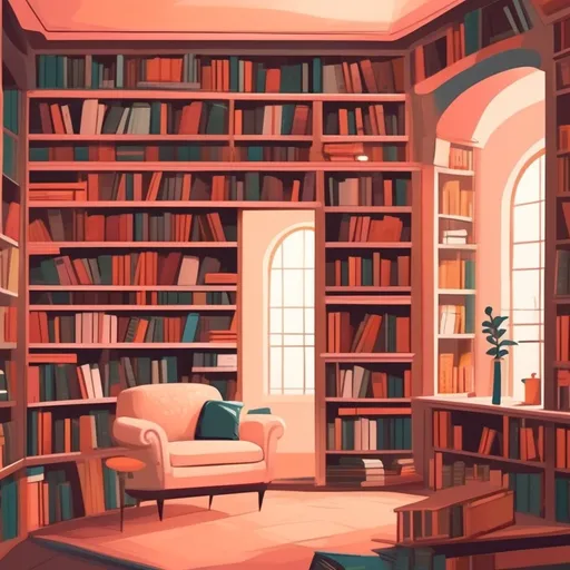 Prompt: illustration character design, cartoonish whimsical style. cozy library filled with books and bookshelves
