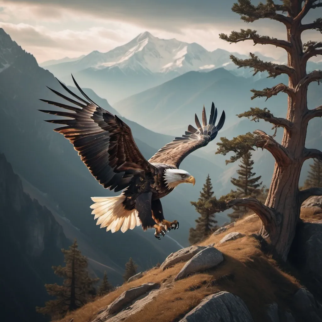 Prompt: An eagle flying gracefully through the mountains in the distance, a great tree. Captured by a Sony Alpha a7 III camera with a Sony FE 24-105mm f/4 G OSS, highres, detailed, surreal, eagle, majestic, almighty great tree, surreal, detailed beak, surreal lighting, surreal atmosphere, professional, surreal landscape, detailed wings,  surreal color tones, atmospheric lighting