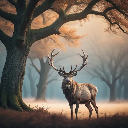 Prompt: Great stag standing majestically under the almighty great tree, surreal, full-length image, captured by Sony Alpha a7 III camera with a Sony FE 24-105mm f/4 G OSS, highres, detailed, surreal, stag, majestic, almighty great tree, surreal, detailed fur, surreal lighting, surreal atmosphere, professional, surreal landscape, detailed antlers, surreal color tones, atmospheric lighting