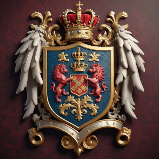 Prompt: (baronial coat of arms) adorned with ornate noble symbols and intricate crests, (elegant) design featuring rich historical details, (vibrant colors) accentuating a regal look, set against a textured background that reflects nobility, (highly detailed) artistry showcasing heraldic motifs, surrounded by a (majestic ambiance) that evokes a sense of grandeur and heritage, (4K) resolution for clarity and depth.