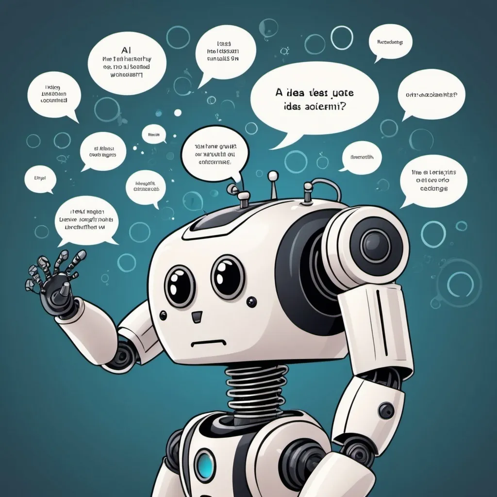 Prompt: image of a cartoon robot thinking of lots of ideas of how to use AI in academia with lots of thought bubbles with the ideas