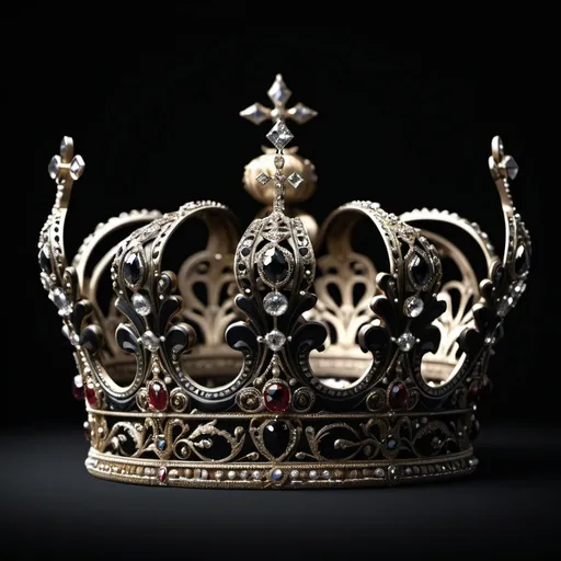 Prompt: Crown with black background and laying on the ground and jewel on the floor next to it