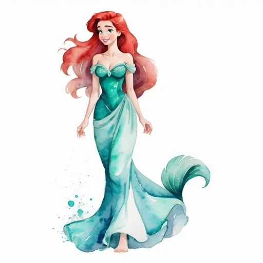 Prompt: Watercolor style Disney Ariel as a human, wearing turquoise flowy dress, on white background