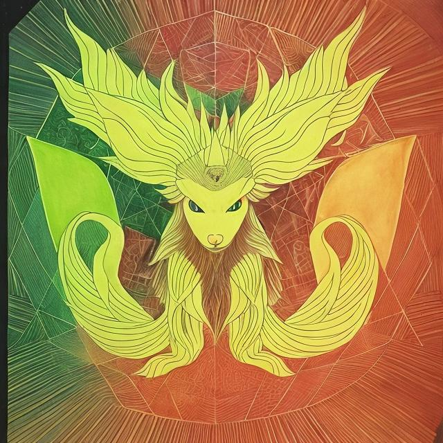 Prompt: ninetails, geometrical, intricate, kalidescope