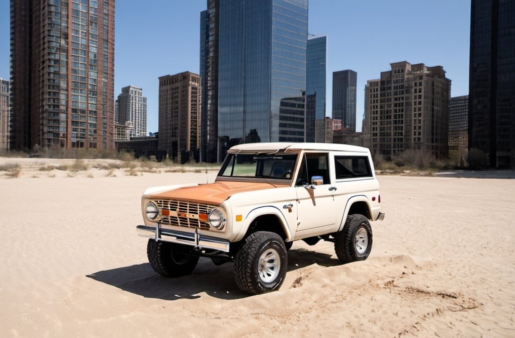 Prompt: A Ford Bronco showroom in an empty small sand plot in the middle of tall 
buildings