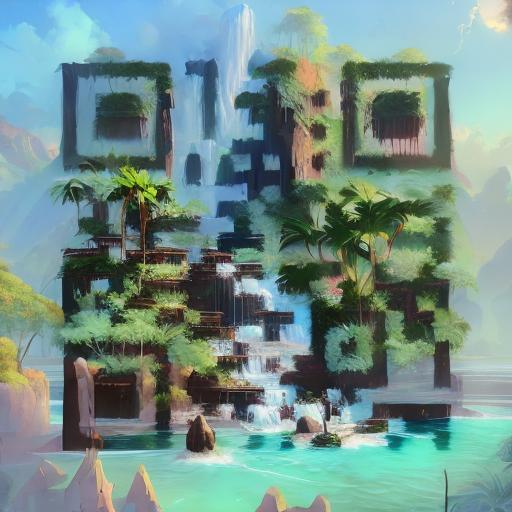 Prompt: a painting of a tropical island, with a waterfall, a matte painting by jordan grimmer, cgsociety, fantasy art, matte painting, unreal engine 5