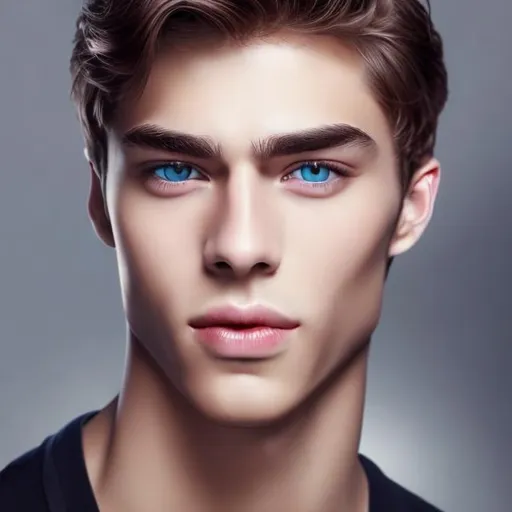 Prompt: Create the ideal type of beautiful man with flawless lips, most beautiful dentition, symmetric nose, most beautiful blue eyes, black hair and lashes, perfect face, photo finish, realistic, mid twenties
