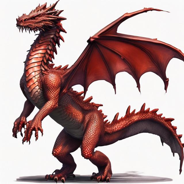 Prompt: create european dragon, red skin, square head, wings outstretched behind the back, clawed hands, clawed hind legs, tail
