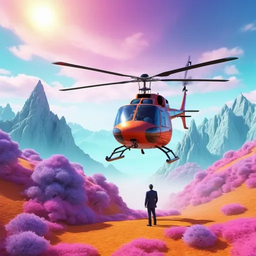 Prompt: Detailed 3D rendering of a man flying a helicopter in a dream, surreal dream-like scenery, vivid and vibrant colors, high definition, dreamy, surreal, 3D rendering, vivid colors, dreamy scenery, helicopter pilot, flying dream, surreal concept, vibrant, detailed, surreal landscape, professional rendering