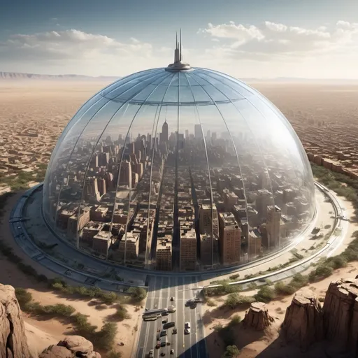 Prompt: a massive city like the Bronx is under a futuristic glass dome, the dome is in the middle of the dessert, hi res, super HD, 16K, looks like a Dennis Villeneuve film