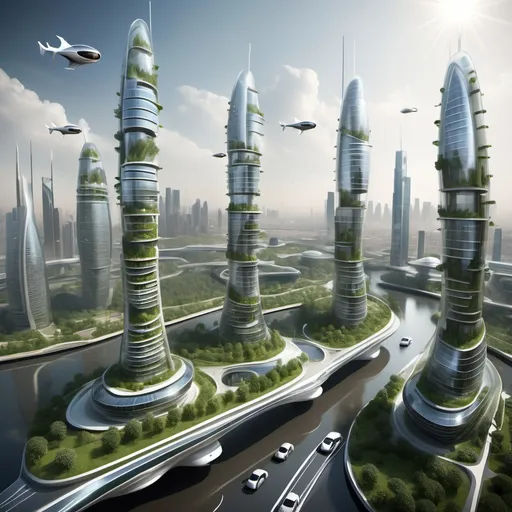 Prompt: Imagine a realistic futuristic city in the year 2150. The skyline features sleek, modern skyscrapers made of advanced, sustainable materials like transparent solar glass and eco-friendly alloys. Electric flying cars move between the buildings, while people walk along wide pedestrian paths that are seamlessly integrated with greenery, like rooftop gardens and vertical forests. Drones deliver goods overhead, and robots assist in everyday tasks such as cleaning and maintenance. The streets are clean and filled with greenery, thanks to urban farming and green architecture. The city uses renewable energy sources like solar, wind, and hydro power, and the public transport system is fully automated. The sky is clear, and the cityscape is illuminated by smart streetlights that adjust their brightness based on the time of day. The atmosphere is vibrant and highly efficient, with a focus on sustainability and harmony with nature."