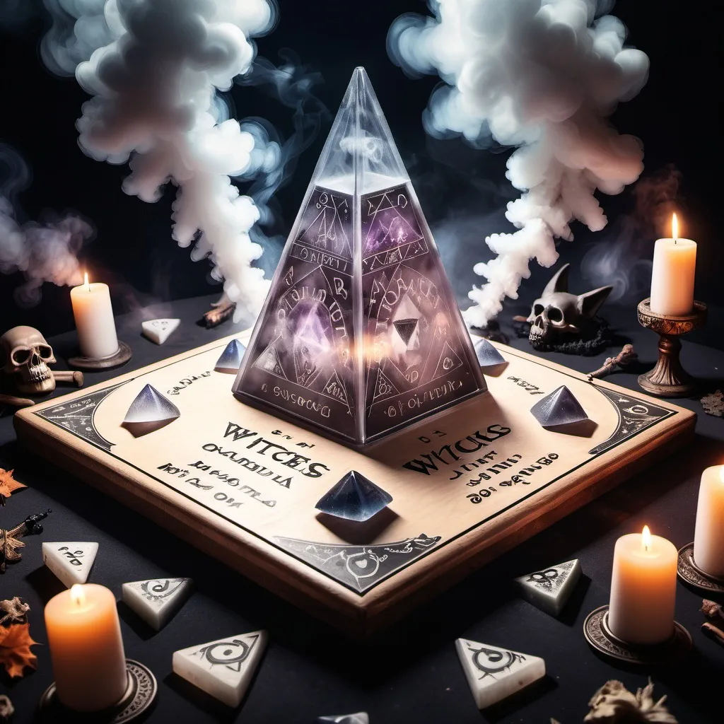 Prompt: A ouija board with smoke coming from it surrounded by crystal pyramids with witches flying on brooms in the sky