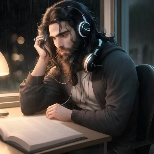 Prompt: a guy with wavy black hair, beard, headphones, sitting, a calm and study ambience, at night, calmy light, raining outside