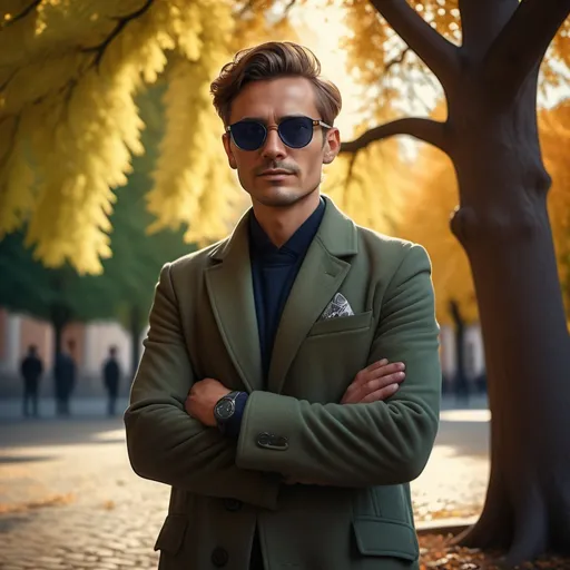 Prompt: man standing confidently in front of a grand tree, wearing (stylish sunglasses) and an (elegant long coat), arms crossed, displaying (a short smile), influenced by (Danube school) style, rich and vibrant colors, cinematic lighting, lush background, atmospheric feel, (photorealistic), HD, ultra-detailed, portrait orientation.