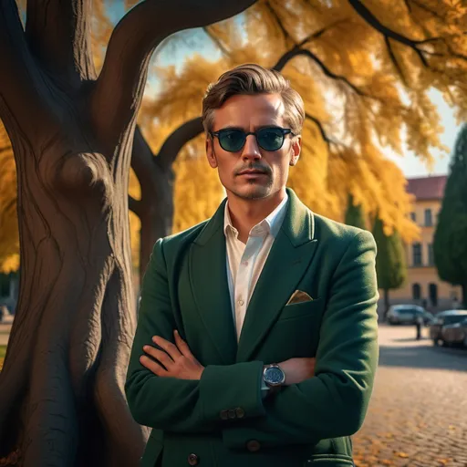 Prompt: man standing confidently in front of a grand tree, wearing (stylish sunglasses) and an (elegant long coat), arms crossed, displaying (a short smile), influenced by (Danube school) style, rich and vibrant colors, cinematic lighting, lush background, atmospheric feel, (photorealistic), HD, ultra-detailed, portrait orientation.