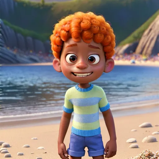 Prompt: Crea a marcos con estilo dibujo animado de pixar, un niño de 10 años, tez negra, cabello de rulos color oscuro y sonrisa. terminando de construir un castillo de arenas en la playa, en un día soleado, con suéter blanco y pantalones azules.